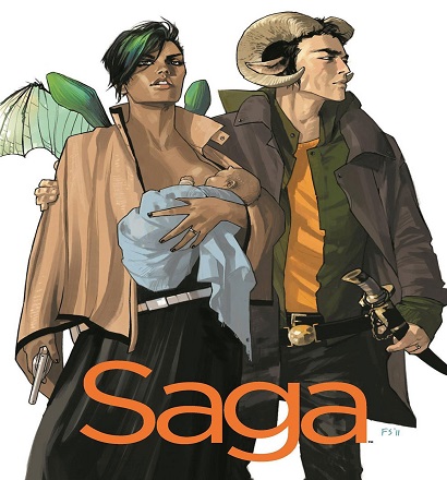 Characters in Saga. Mum, Alana, and Dad, Marko, holding their new born baby girl